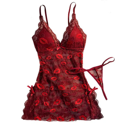Hot Sexy Women Lace Nightgown Set See Through Pajamas Dress Sexy Deep V Home Valentine's Day Gift Sleeping Skirt Dress