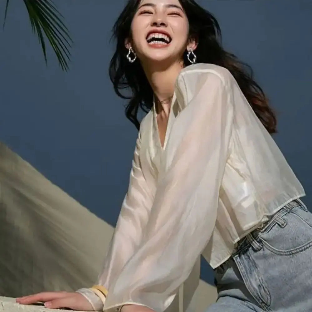 Hanfu Style Modal Ice Silk Shawl V-Neck Sheer Outerwear Long Sleeve Translucent Sun Protection Cardigan Women's Wear