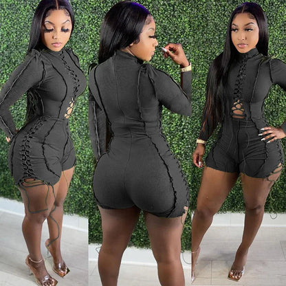 Jump Suits Women One Piece Full Sleeve Drawstring Overalls Short Pants Tight Waist Rompers Hollow Out Y2k Streetwear Sexy 2026