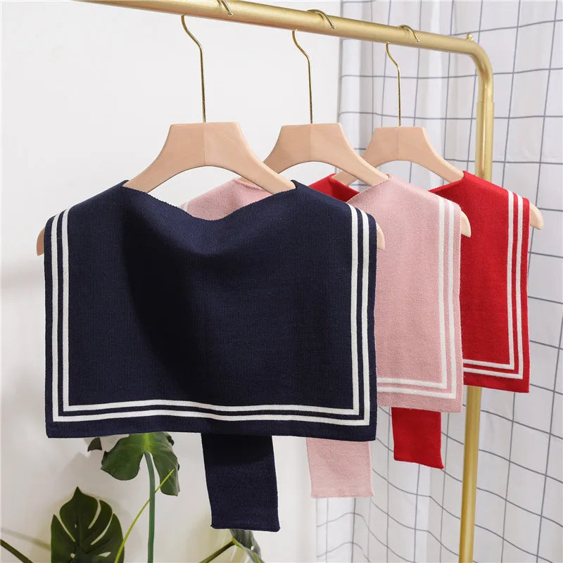Korean College Navy Stripe Wool Knit Shoulder Cape Knotted Warm Overlapping Shawl Women Summer Neck Scarf T56