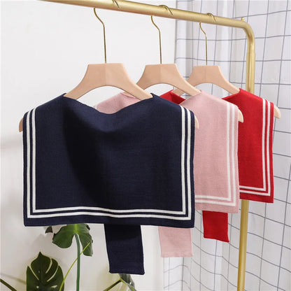 Korean College Navy Stripe Wool Knit Shoulder Cape Knotted Warm Overlapping Shawl Women Summer Neck Scarf T56