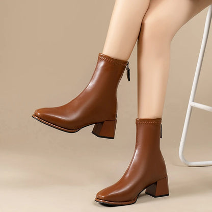 High-quality square-toe platform short boots for ladies, 2025 new fashion trend Wide heel, back zipper, large size women's boots