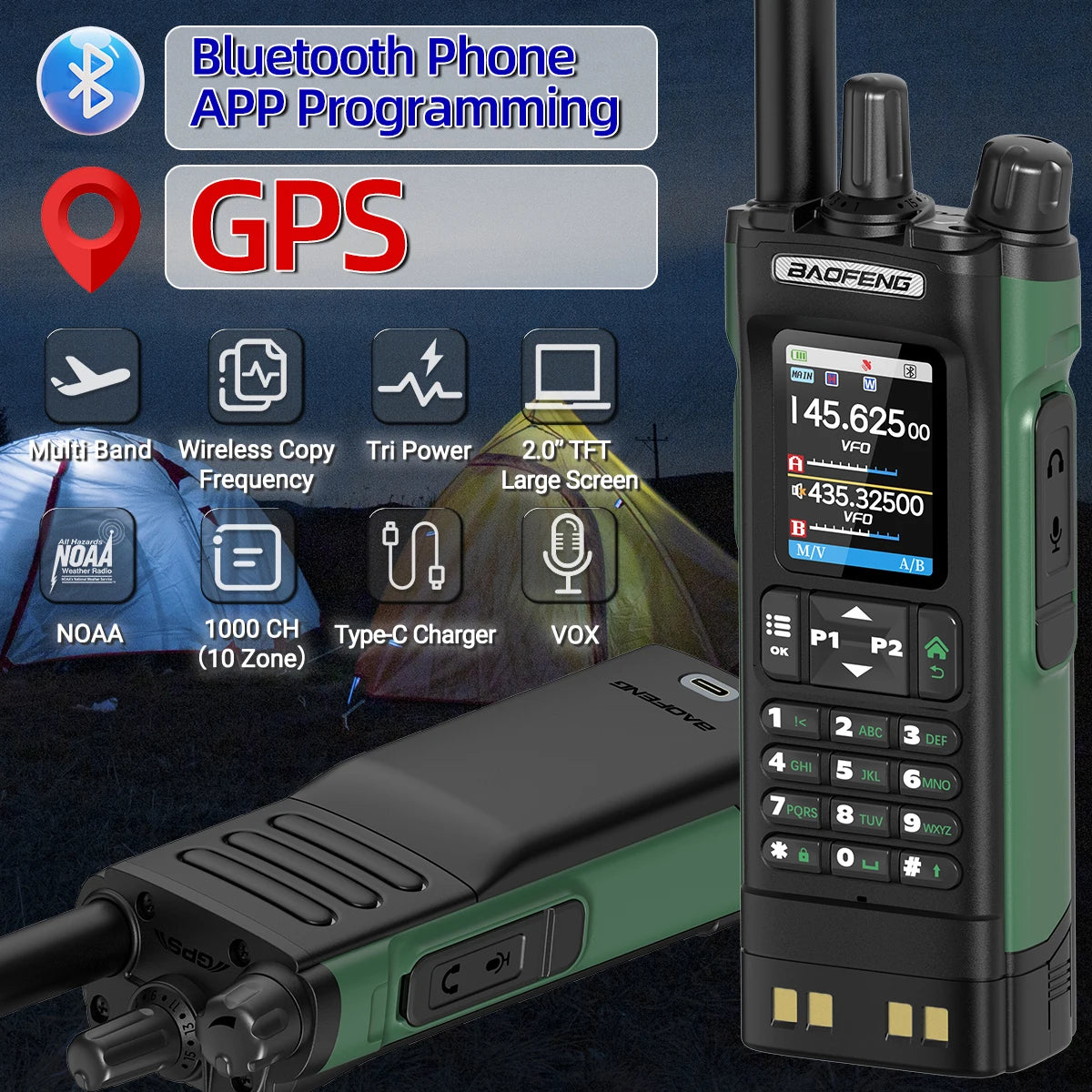 BAOFENG UV-32 GPS Walkie Talkie 10W Multi Band Bluetooth Programming Wireless Copy Frequency NOAA Long Range Ham Two Way Radio