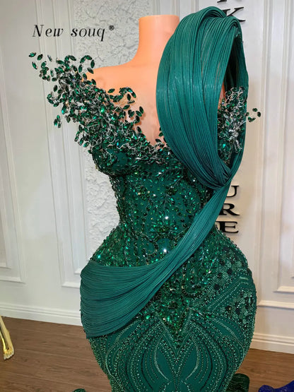 High Fashion Emerald Green Long Prom Dresses 3D Pleated Crystals Beaded Mermaid Wedding Evening Party Gowns Plus Size Customized