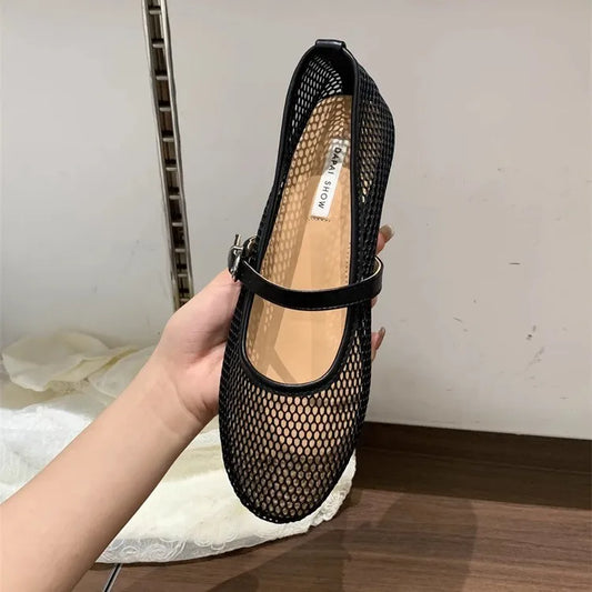 Mesh Ballet Flats Fishnet Luxury Brands Hollow Sandals Women Flats Shallow New Beach Retro Female Comfortable Shoes Breathable