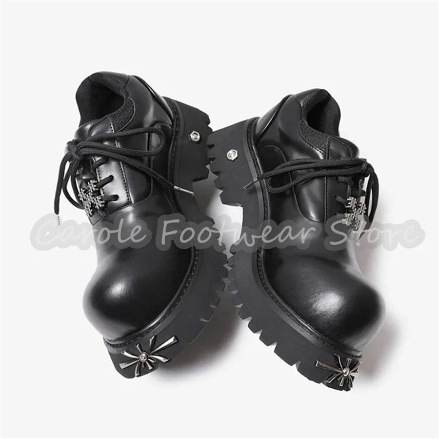 Punk Metal Decor Big Head Lace-Up Sneakers Male Chunky Bottom Height Increase Single Shoes British Style Leather Casual Shoes