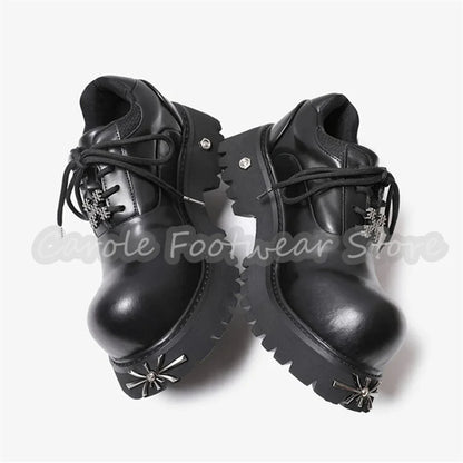 Punk Metal Decor Big Head Lace-Up Sneakers Male Chunky Bottom Height Increase Single Shoes British Style Leather Casual Shoes