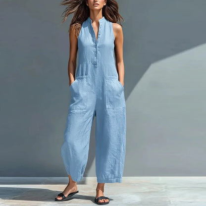 Summer Sleeveless Jumpsuit Women V Neck Solid Color Pocket Cotton Linen Long Pants Jumpsuits Women Romper Commuting Playsuits
