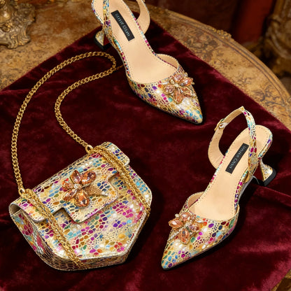 2026 Gold Color Thin Heels Pointed Toe Crystal Design Ladies Shoes Matching Bag Set For Women Weeding Party Pump