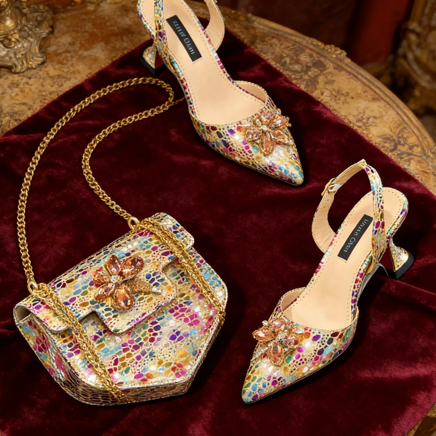 Venus Chan Elegant Rhinestone Heels & Matching Bag Set, Colorful Print Pointed Toe Block Heels for Banquet Club Night