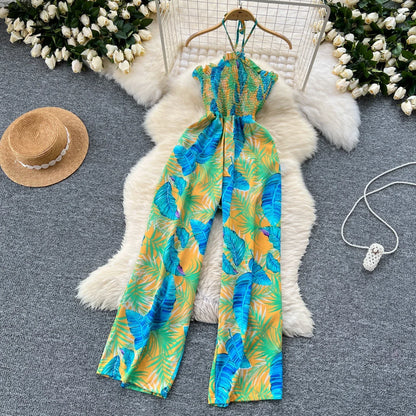 2024 New Summer Sexy Bohemian Leaf Print Jumpsuits Women Sleeveless Sexy Long Jumpsuit Mujer Casual Holiday Beach Rompers
