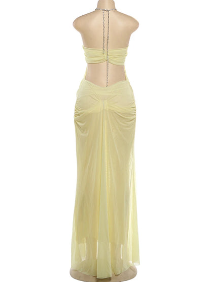 Nibber Prom Party Gown Dress Woman Sexy See Through Luxury Chain Halter Low-Neck Backless Sleeveless Midnight Elegant Vestidos