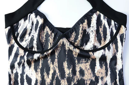 2026 Summer Fashion New Women's Elegant Design Leopard Pattern Dress Slimming Bag Hip Hanging Neck Hanging Long Dress