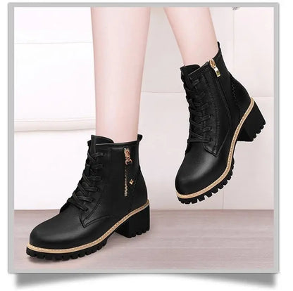 Women Shoes Boots Ankle 2022 New Autumn British Wind Genuine Leather Thick With Fur Ladies Short Boots Motorcycle heels boots