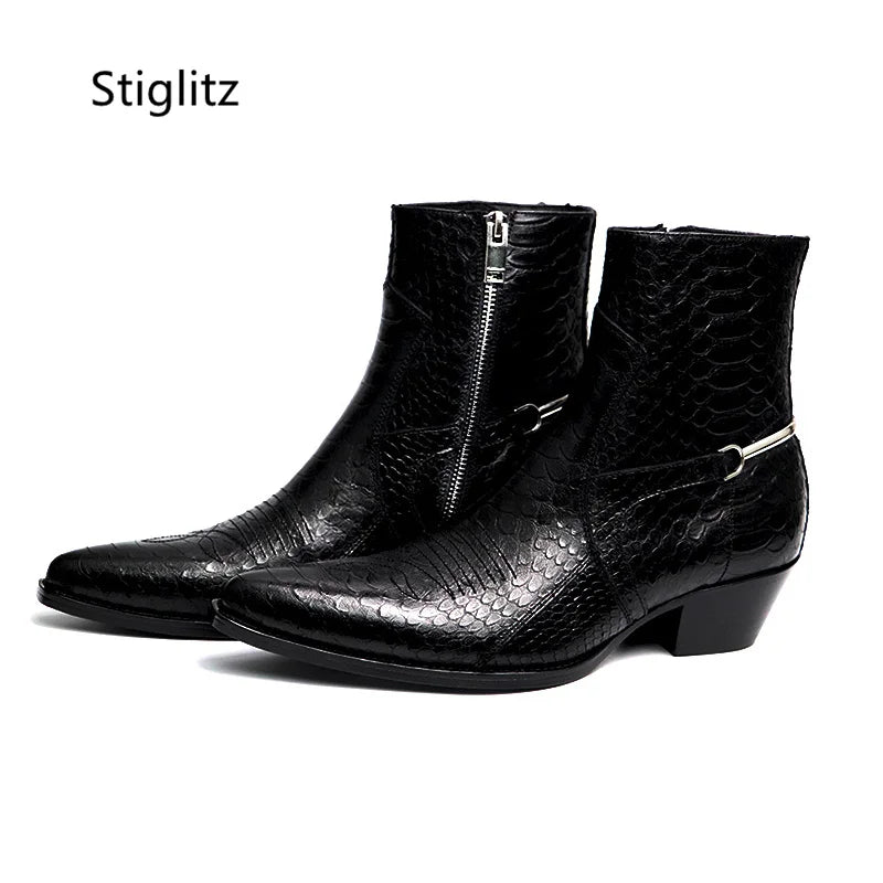 Genuine Leather Embroidery Men's Boots Pointy Chelsea Boots Snakeskin Metal Decor Chunky Heeled Ankle Boots Party Male Shoes