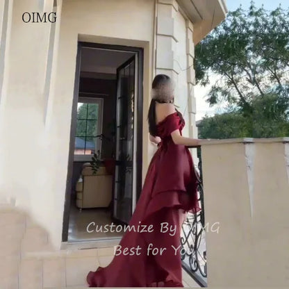 OIMG Elegant Burgundy Off The Shoulder Asymmetry Prom Gowns Backless Gala-ready Party Gown Floor Length Evening Dress Customized