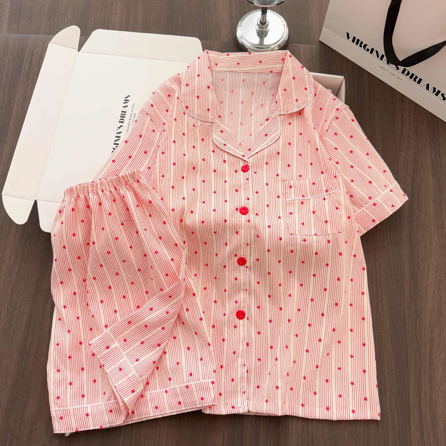 Women Summer Lapel Open Front Pajama Set Short Sleeve Top Shorts, Sweet Ins Teen Loungewear, Casual Daily Outdoor Home Wear Suit