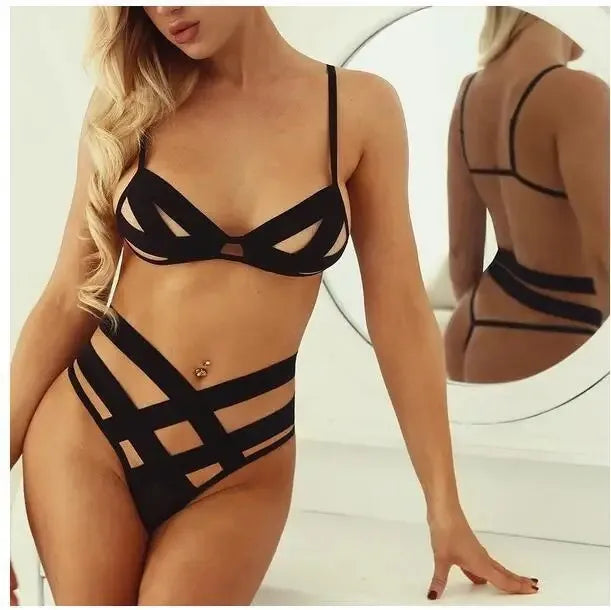 Sexy, tempting, ladies bondage lingerie set black-elastic mesh bra and g-string, cupless sexy lingerie 2-piece set