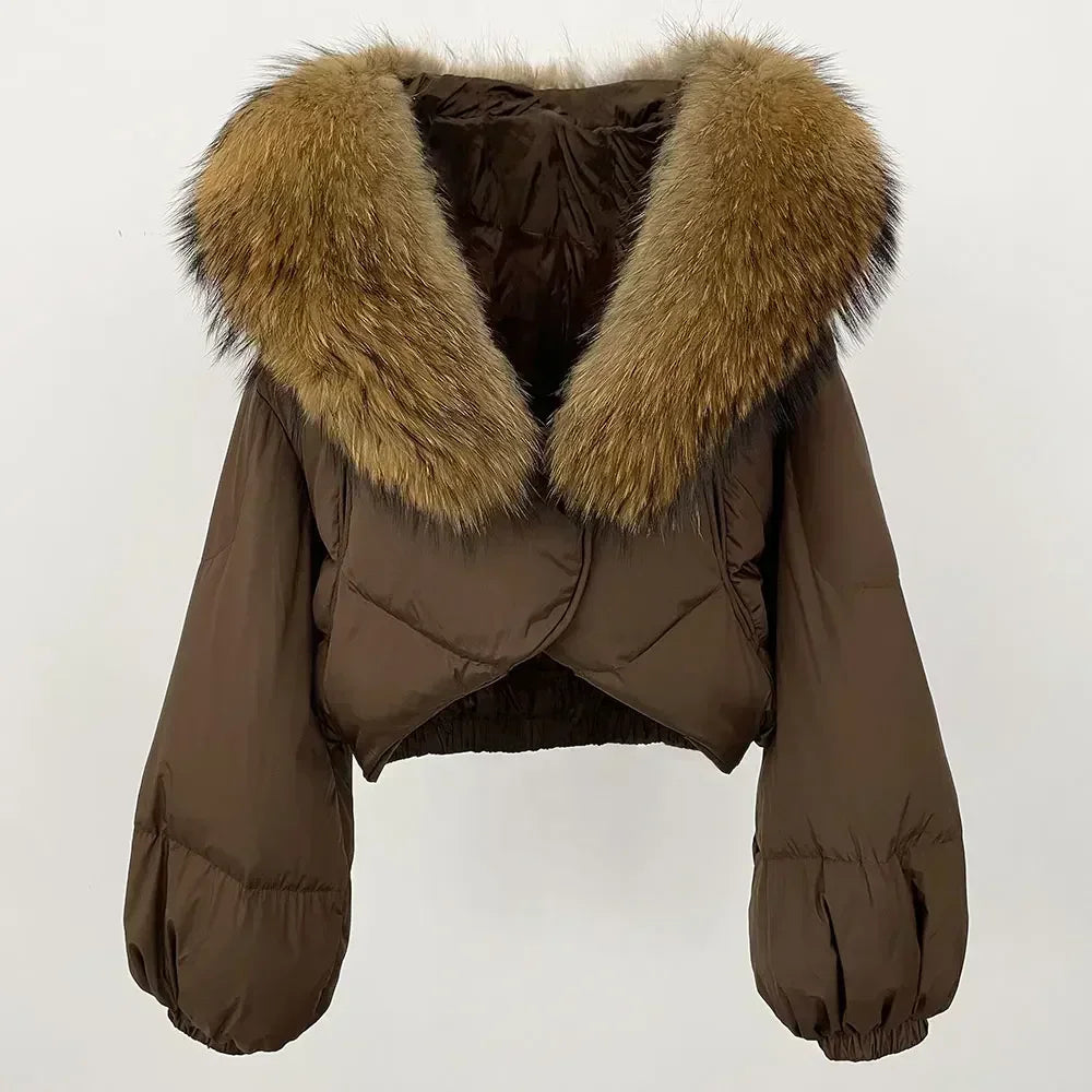Winter Female White Duck Down Jacket Luxury Loose Short Fashion Casual Women Warm Real Fox Fur Coat Long Sleeve Puffer Jacket