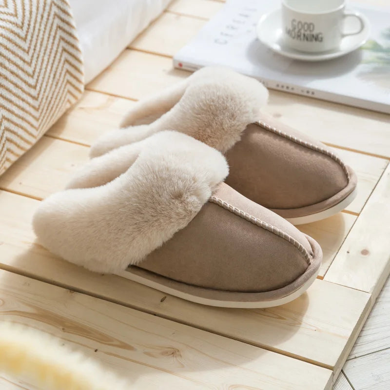 2025 Winter Warm Home Fur Slippers Women Luxury Faux Suede Plush Couple Cotton Shoes Indoor Bedroom Flat Heels Fluffy Slippers