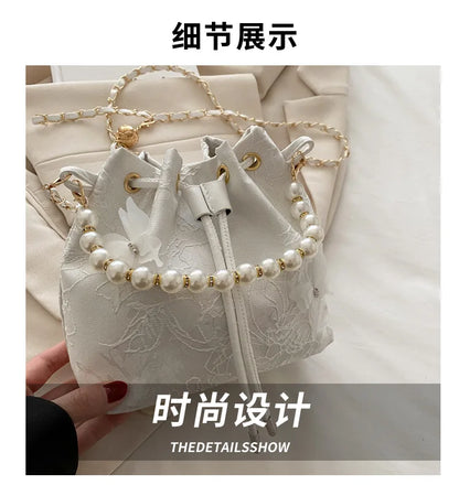 Sweet Butterfly Women Drawstring Bucket Shoulder Bags Versatile Ladies Crossbody Bag Clutch Fashion Girls Pearl Chain Handbags