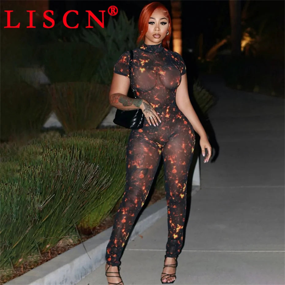 10 Wholesale Items Jumpsuits Women Summer 2025 Short Sleeve Bodycon Sexy Y2k Printing Mesh See Through Backless Rompers K15151