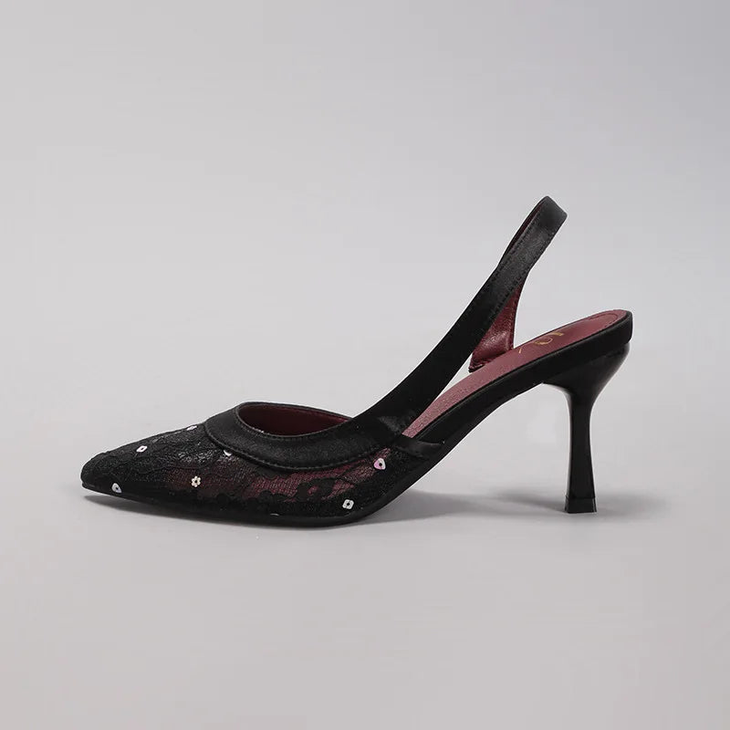 Elegant Lace Mesh High Heeled Sandals Women Luxury Bling Back Strap Brand Designer Shoes Fashion Pointy Toe Party Dress Shoes