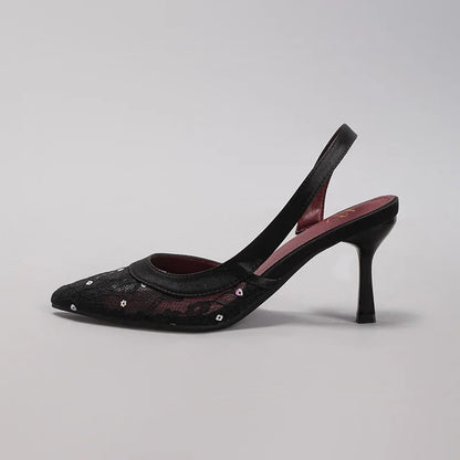 Elegant Lace Mesh High Heeled Sandals Women Luxury Bling Back Strap Brand Designer Shoes Fashion Pointy Toe Party Dress Shoes