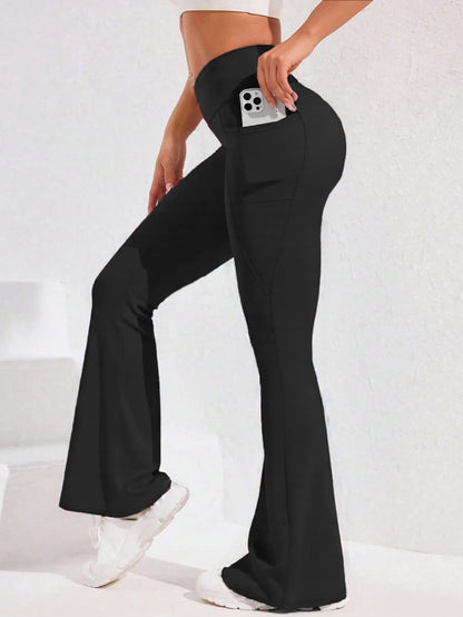 High Waist Flare Leg Yoga Pants Women with Pocket Push Up Butt  Running Tights Wide Leg Pants Gym Outdoor Cycling Leggings