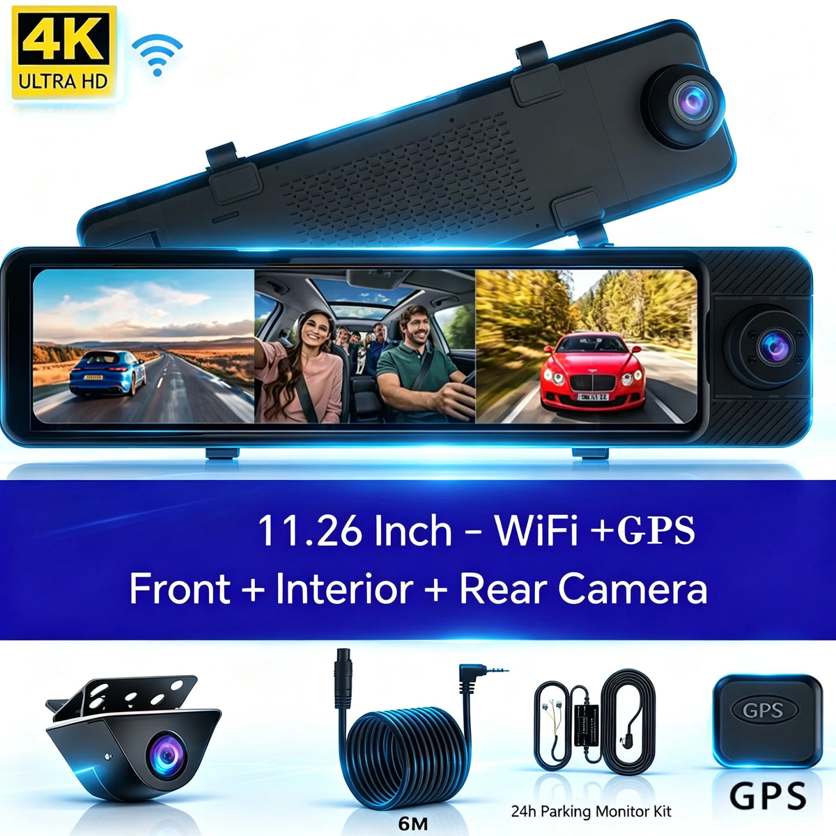 4K Ultra HD Mirror Dash Cam 3 Lens Front and Rear View WiFi Car Camera Streaming Media Display Night Vision Parking Monitor