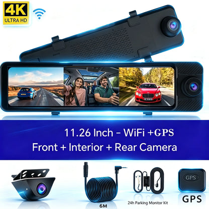 4K Ultra HD Mirror Dash Cam 3 Lens Front and Rear View WiFi Car Camera Streaming Media Display Night Vision Parking Monitor