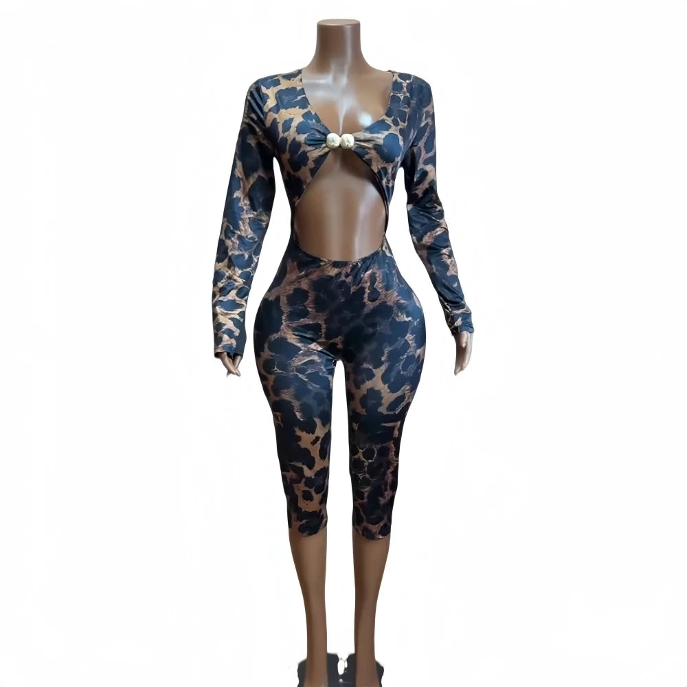 HLJ&GG Sexy Leopard Print Bodycon Jumpsuit for Women Hollowed-out Patchwork Full Sleeve Rompers Female Streetwear Overalls New