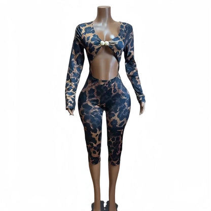 HLJ&GG Sexy Leopard Print Bodycon Jumpsuit for Women Hollowed-out Patchwork Full Sleeve Rompers Female Streetwear Overalls New