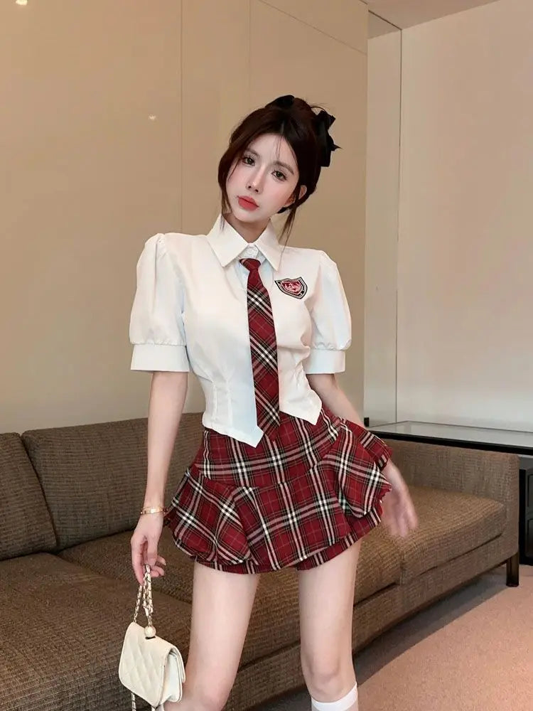 2025 improved cute sexy korea jk suit women autumn jk school uniform women shirt plaid pleated half skirt fashion two-piece set