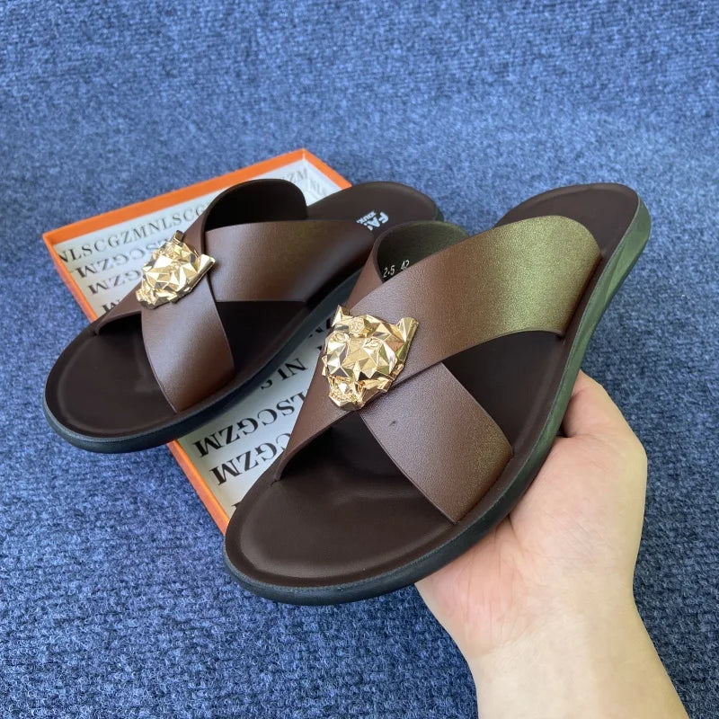 size38-48 original shoes brand summer leather slides for man black brown fashion shoes for mens slippers business beach slippers