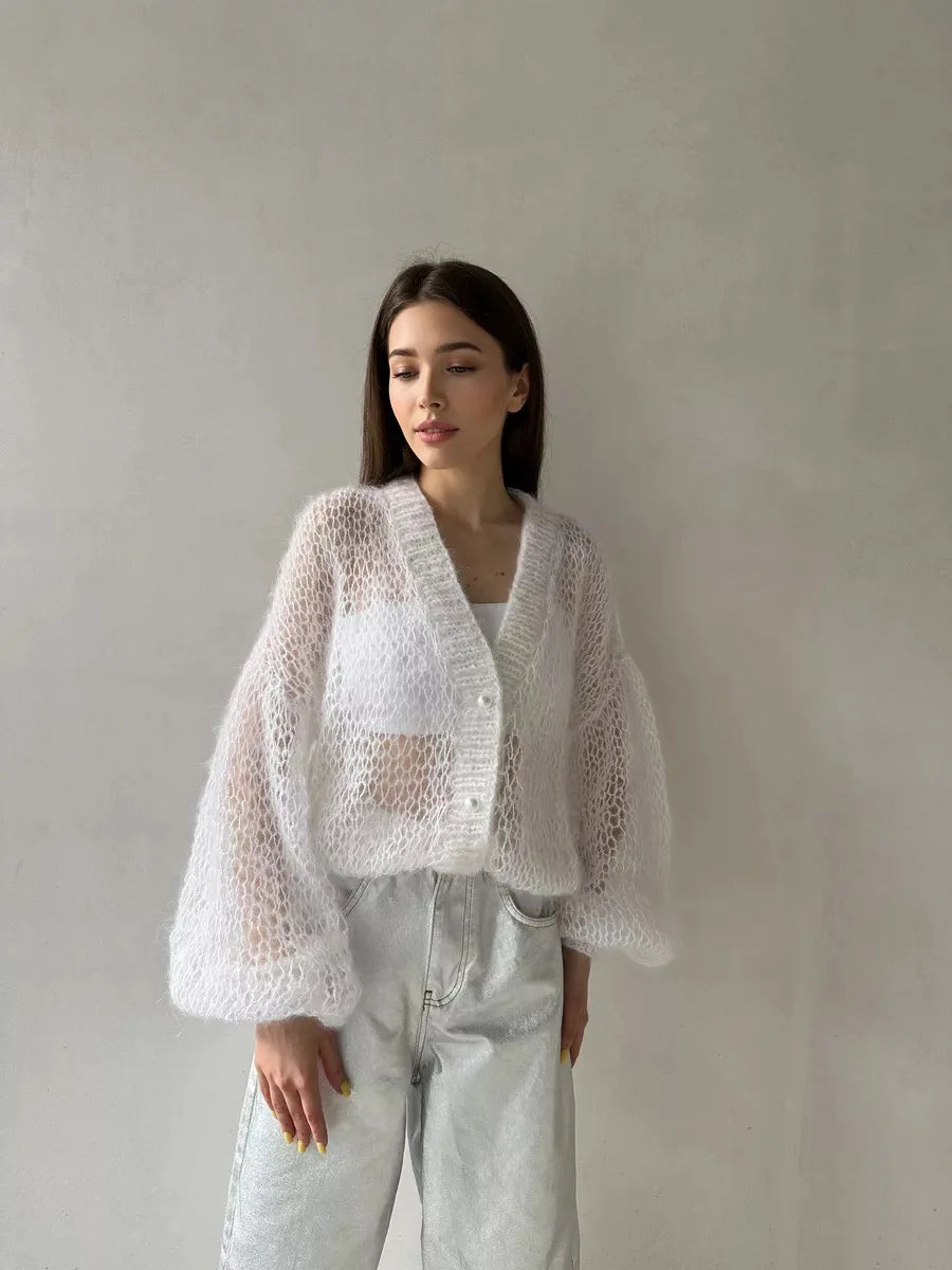 Women Knitting Cardigan 2026 New Women Mohair Knit Cardigan Hollow Out Sheer Long Sleeve Casual Knitted Outerwear Sweater