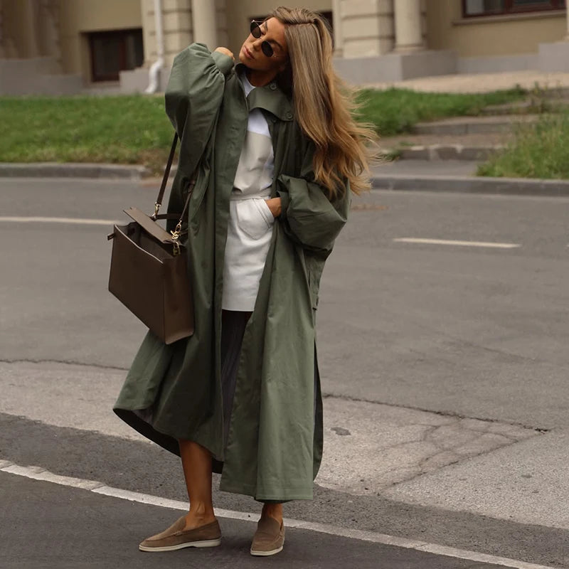 Solid Commute Women's Trench Coat Ovesized Puff Sleeve Single Breasted Long Jacket Lapel Side Slit 2026 New Autumn Lady Outwear