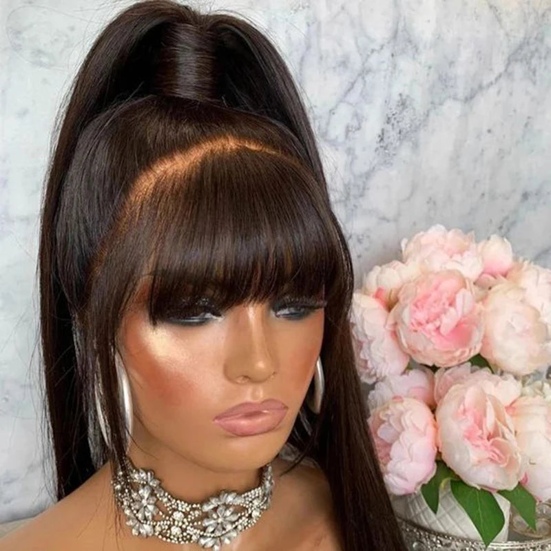 38 inch Straight Lace Front Wig With Bangs Fringe Human Hair Wigs 360 HD Full Lace Frontal Wig With Bang On Sale Clearance Cheap