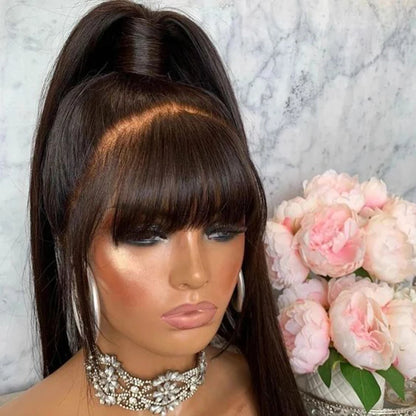 38 inch Straight Lace Front Wig With Bangs Fringe Human Hair Wigs 360 HD Full Lace Frontal Wig With Bang On Sale Clearance Cheap