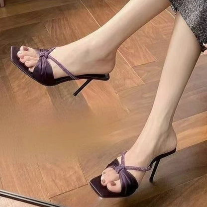 Luxury Crystal Narrow Band Design Brand High Heel Slipper Women High Quality Silk Bow Decoration Slide Sandal Elegant  Shoes