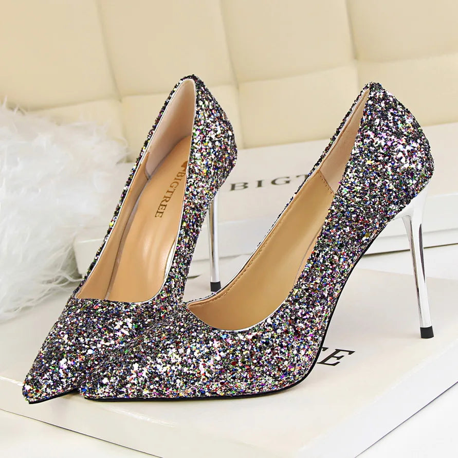 Women 7cm 9.5cm High Heels Pumps Wedding Bridal Scarpins Sparkly Mid Heels Lady Party Sequins Glitter Evening Gold Silver Shoes