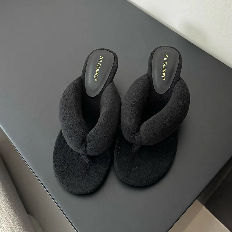New Footwear Flock Women Wedges Slippers Flip Flops Shoes Fashion Round Toe Ladies Wedges Slippers Shoes Female Sandals Slides