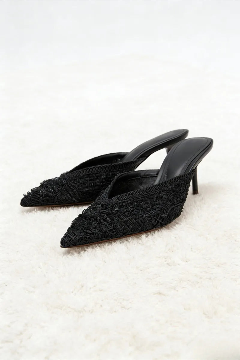 Elegant String Bead Decoration Heeled Sandals Women Sexy Pointed Toe Mesh Woven Slippers Summer Luxury Designer Shoes for Ladies