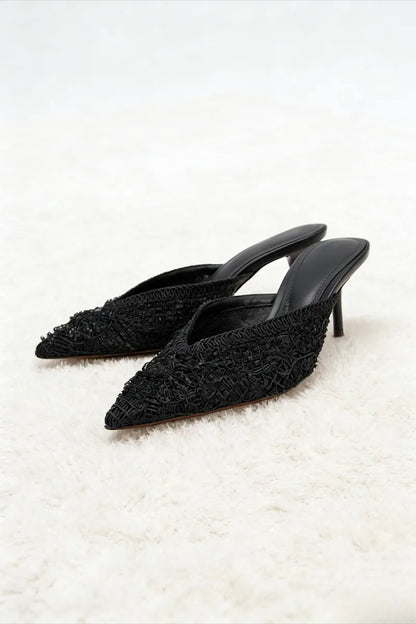Elegant String Bead Decoration Heeled Sandals Women Sexy Pointed Toe Mesh Woven Slippers Summer Luxury Designer Shoes for Ladies
