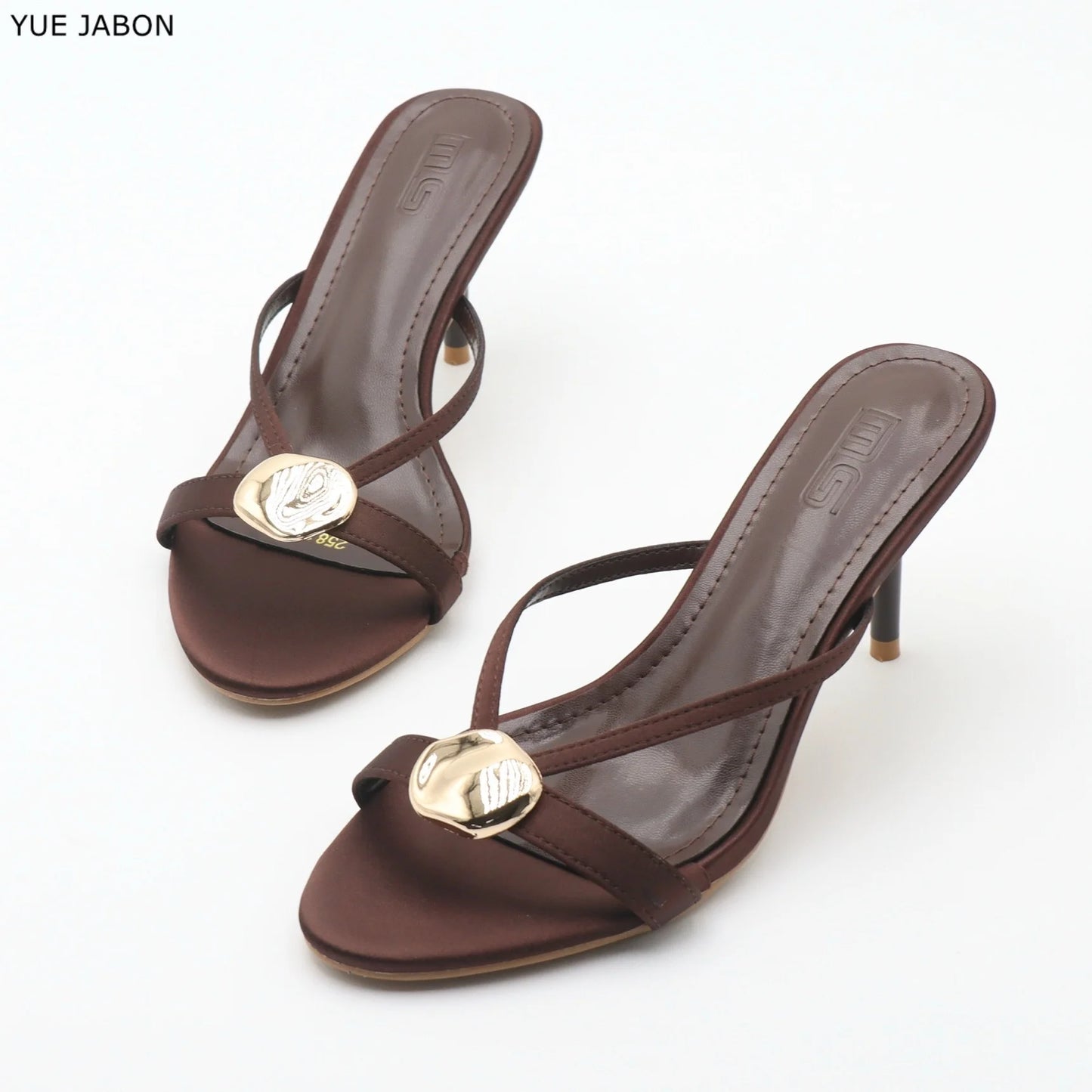 Red Satin Sexy Thin Heel Slippers Women Metal Buckle Open Toe Slides Ladies Concise Black Luxury Brand High Heels Dress Shoes