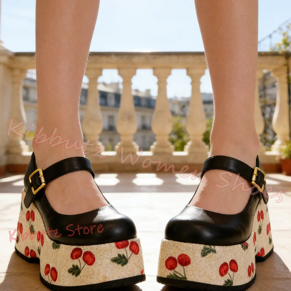 Mary Jane Pumps Cherries Platform Mixed Color Leather Belt Buckle for Women Shoes Round Toe Height Increasing Elegant Sexy New