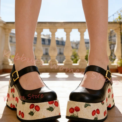Mary Jane Pumps Cherries Platform Mixed Color Leather Belt Buckle for Women Shoes Round Toe Height Increasing Elegant Sexy New
