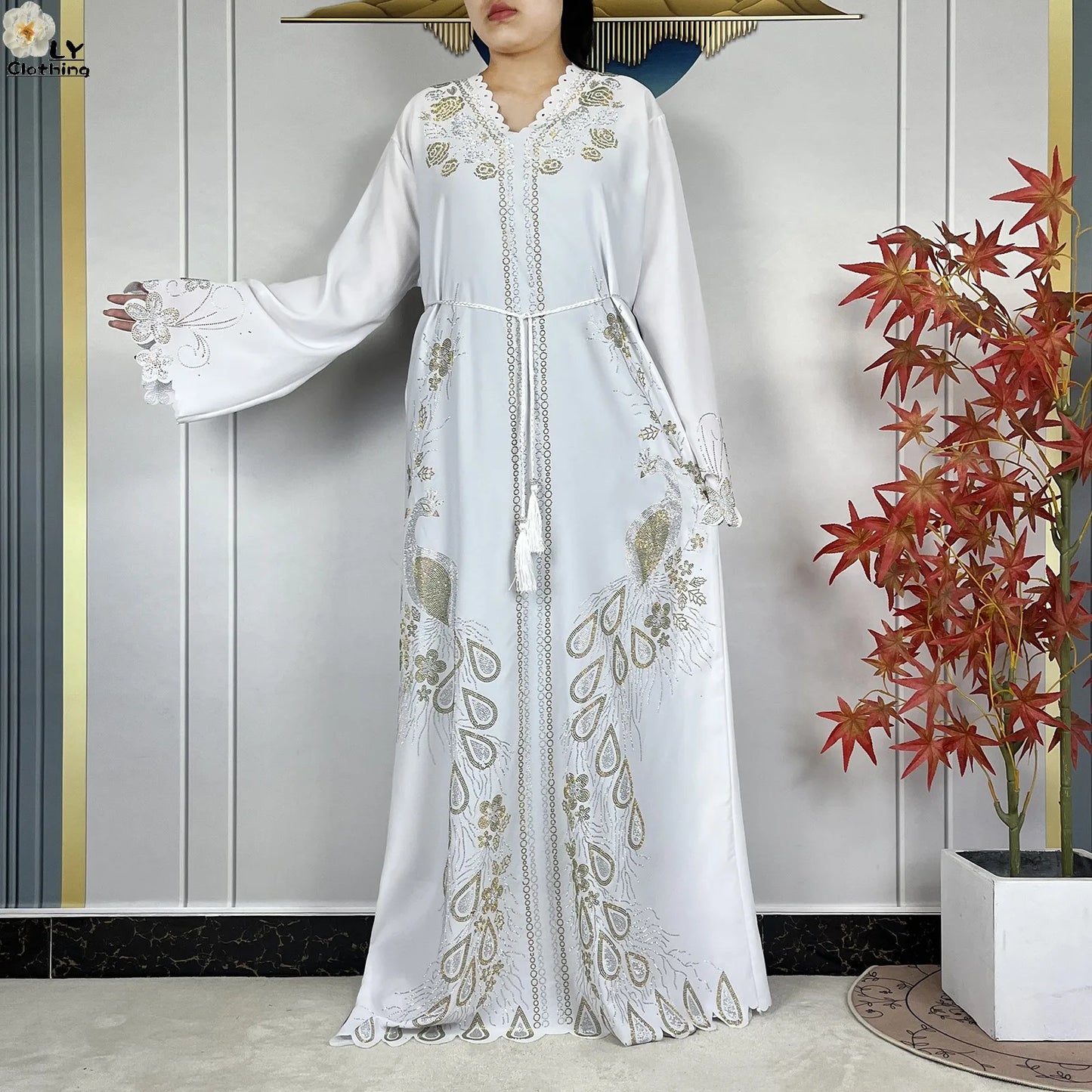 New Style Fashion Dubai Muslim Women Dress Elegant Arabic Femme Hijab Long Sleeve Chiffon Diamond Abaya Islamic Turkey Clothing
