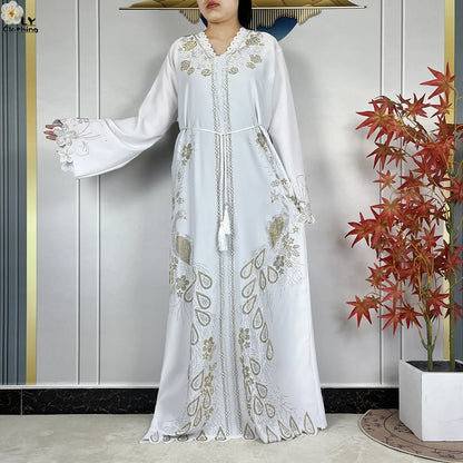 New Style Fashion Dubai Muslim Women Dress Elegant Arabic Femme Hijab Long Sleeve Chiffon Diamond Abaya Islamic Turkey Clothing