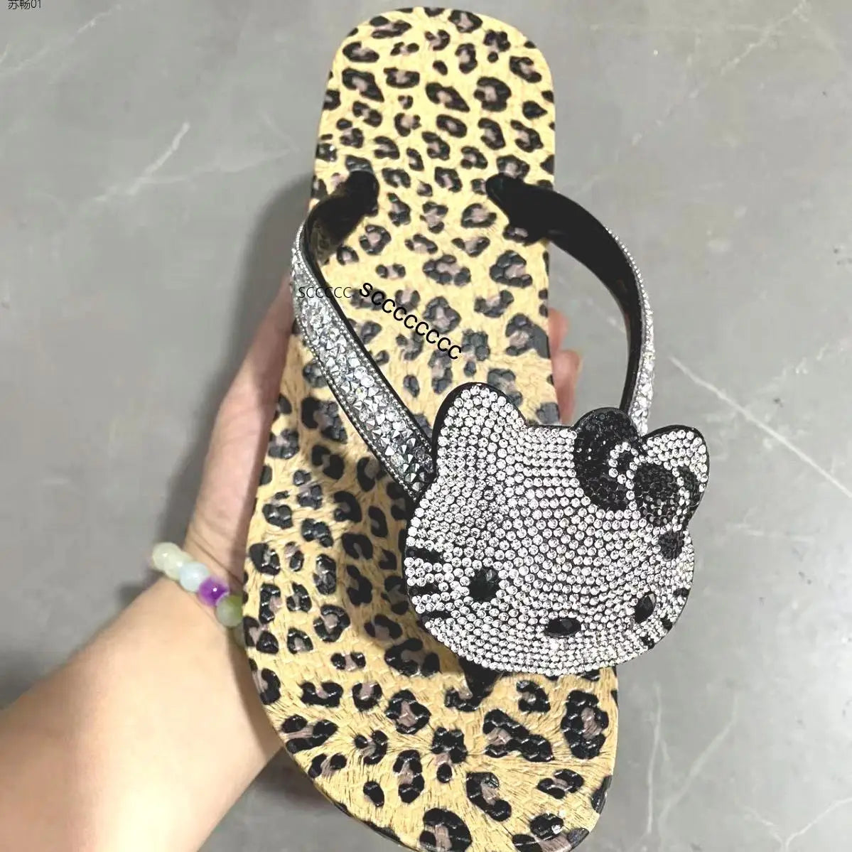 Hello Kitty Rhinestone Flip Flops Leopard Print Y2K Women Bling Non-Slip Summer Beach Casual Thong Sandals Actual Photos